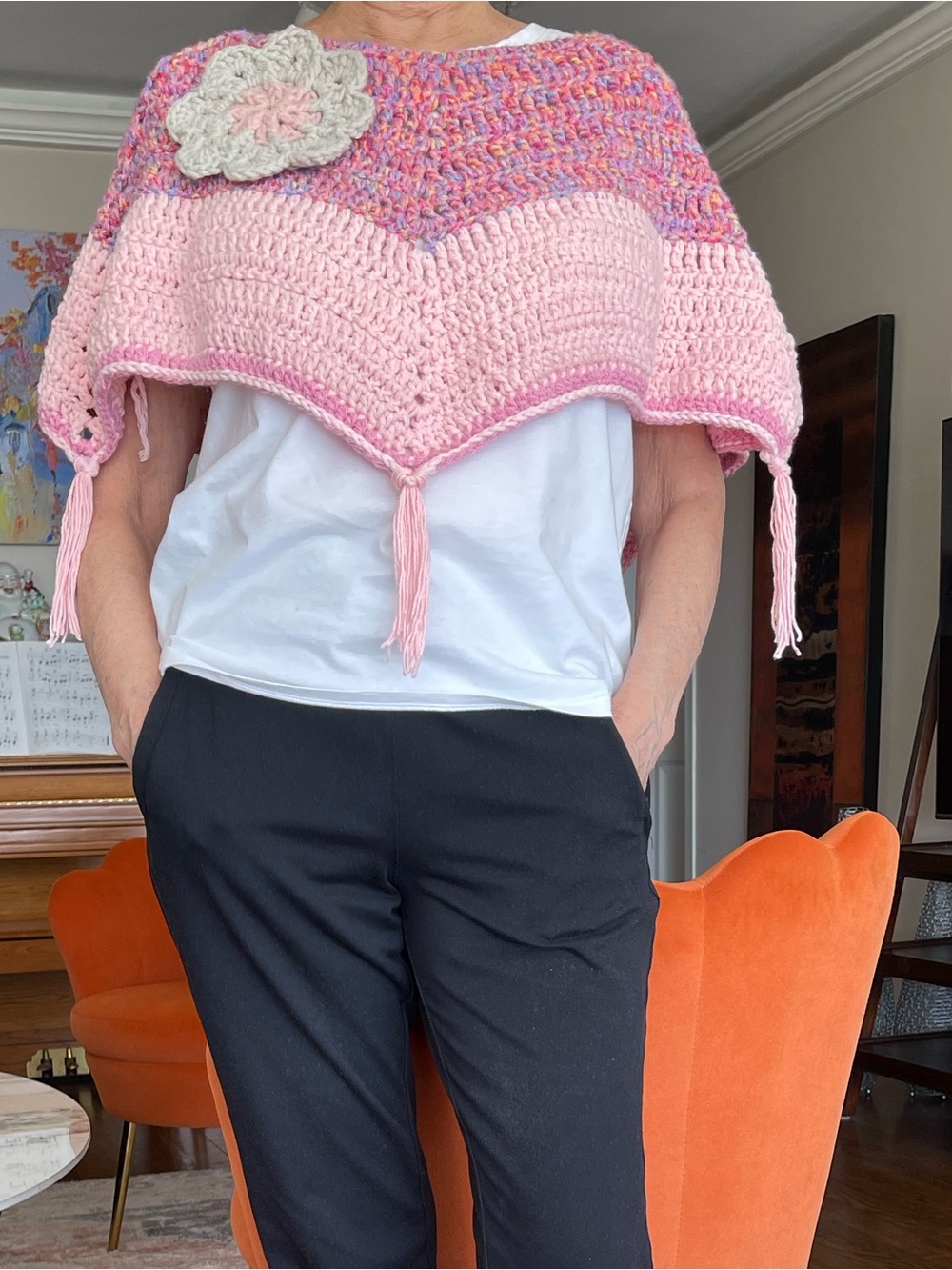 Vintage Pink Crochet Poncho with Flower Accent
